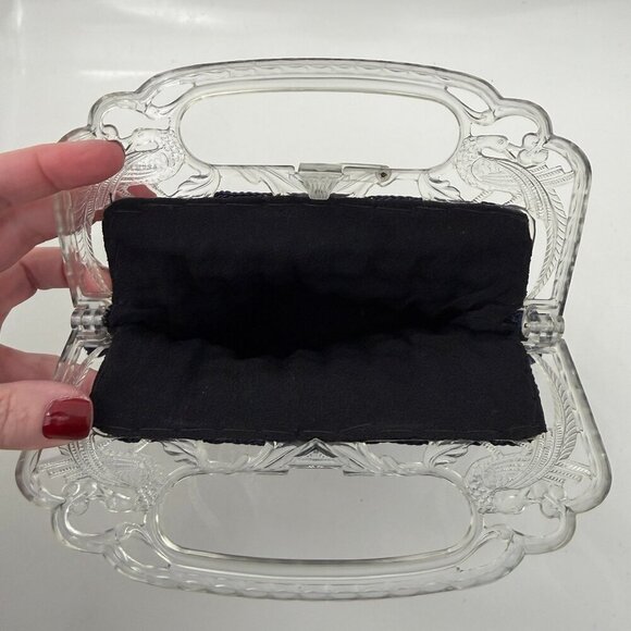 VINTAGE 30s Popcorn Crochet Navy Blue Peacock Handle Evening Bag - Picture 12 of 15